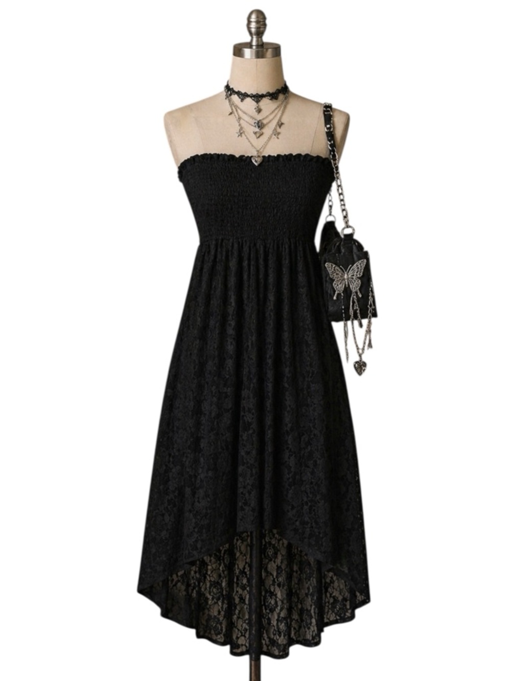 She's Cool Black Strapless High-Low Lace Dress